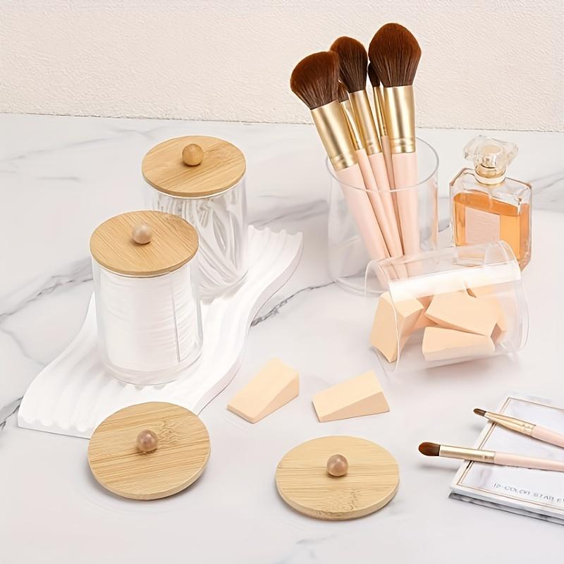 4 Pcs Qtip Holder Dispenser - 10 Oz, 12 Oz Bathroom Organizers Storage Containers, Clear Plastic Apothecary Jars with Wood Lid