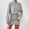 Women High Waist Hip Hugging Knitted Dress Long Sleeve Solid Color High Neck Casual Spring Autumn Above Knee Pit Stripe Dresses