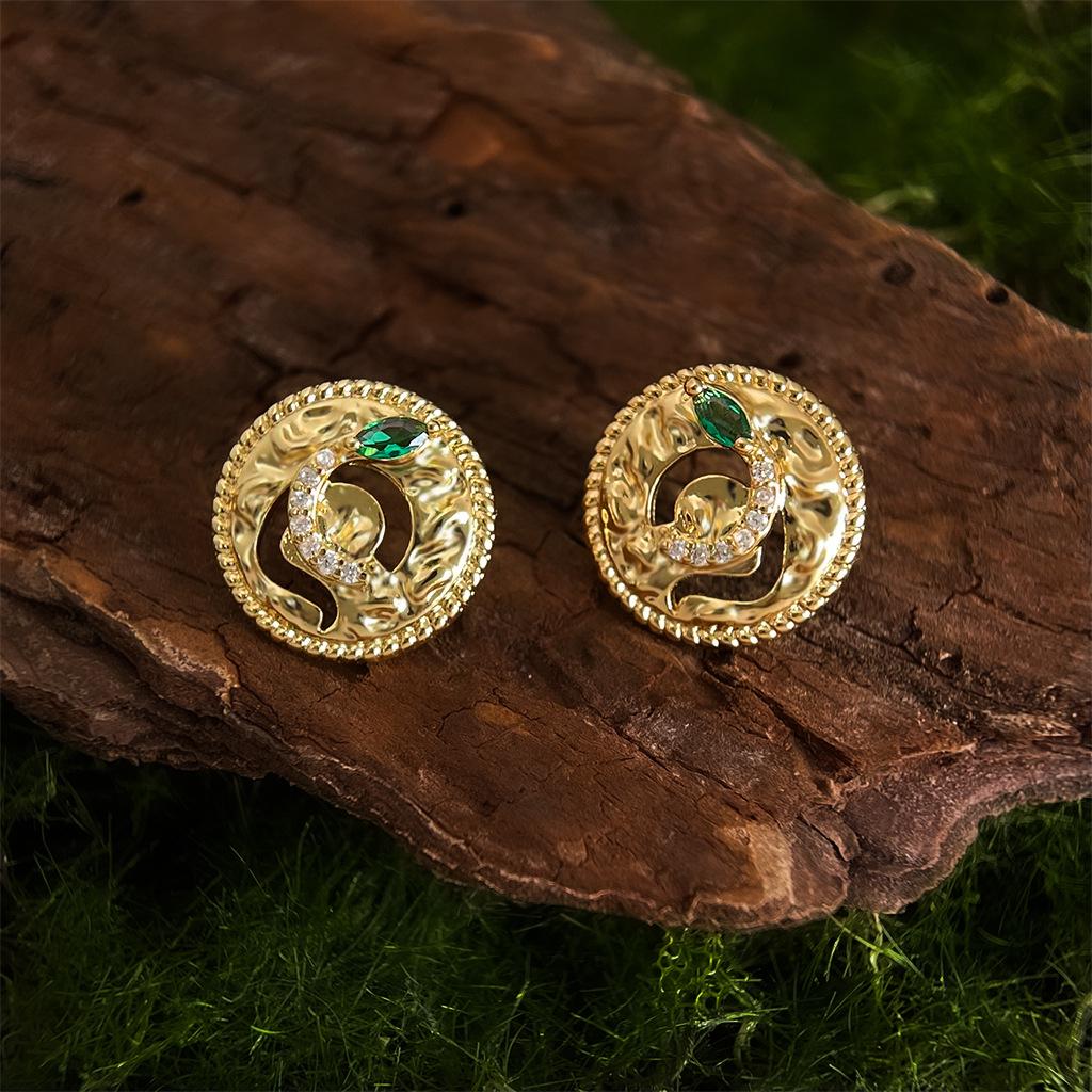 18K Gold-Plated S925 Silver Snake Stud Earrings with Retro Green Zircon