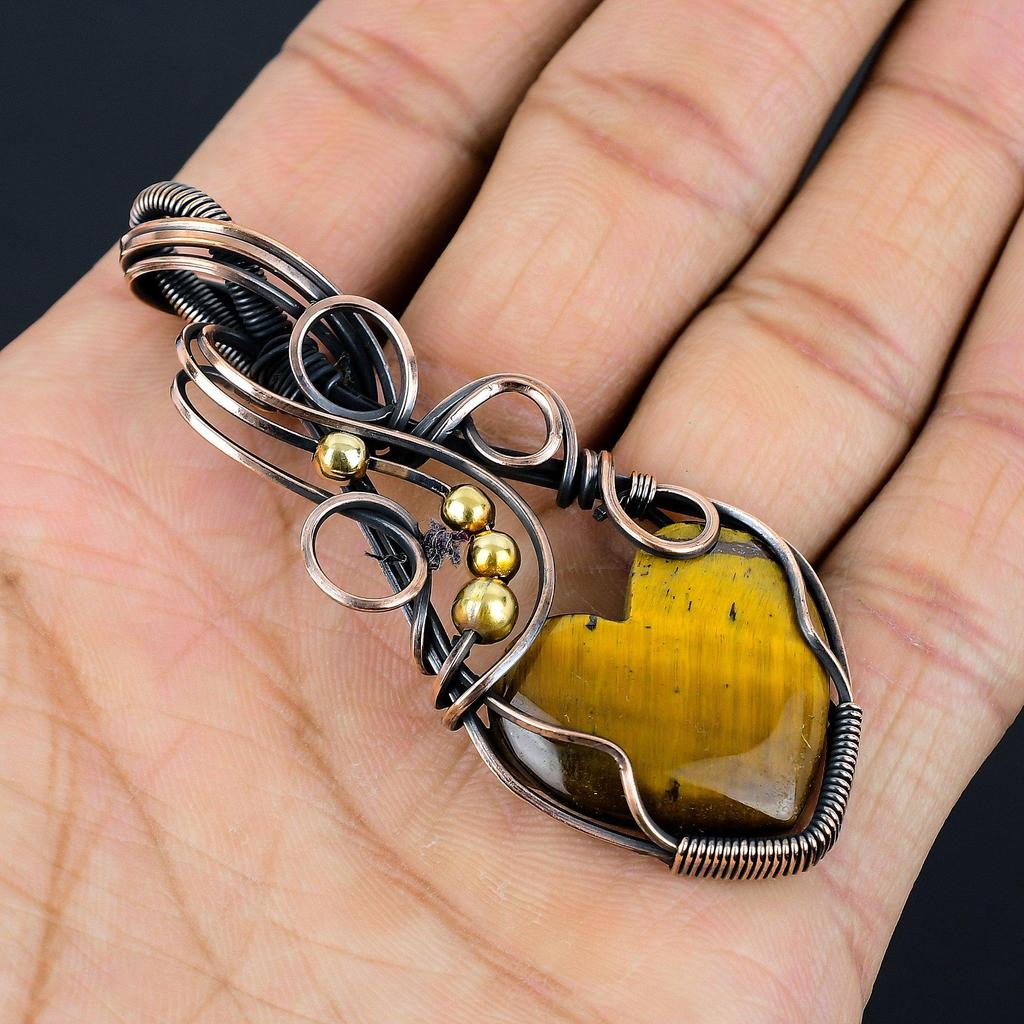 Tiger Eye Pendant, Handmade Gemstone 999 Copper Wire Wrapped Pendant Antique Jewelry, For Gift Silver Jewelry