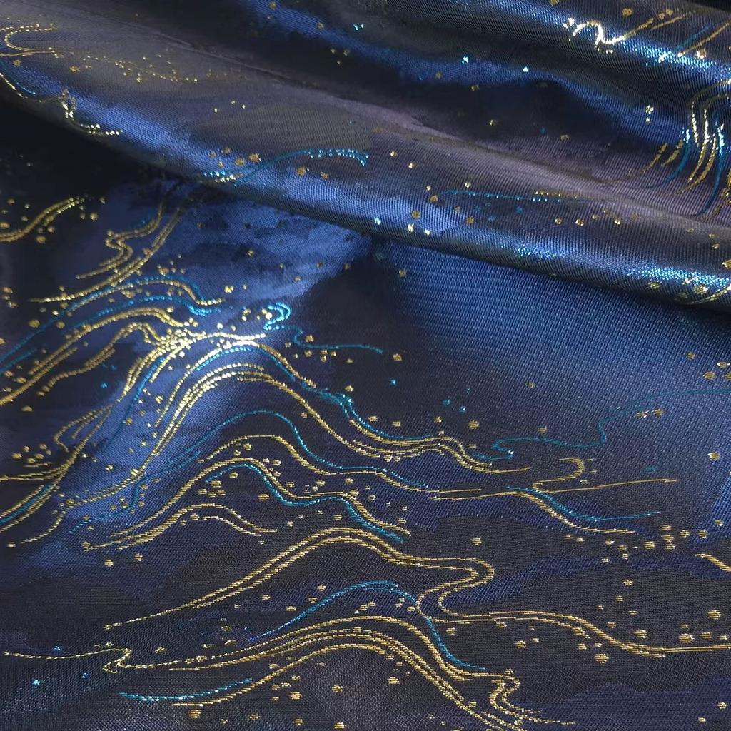 Dark Blue Gold Thread Jacquard Fabric Horse-Face Skirt Dress DIY Sewing Designer Cloth Background Decoration Material