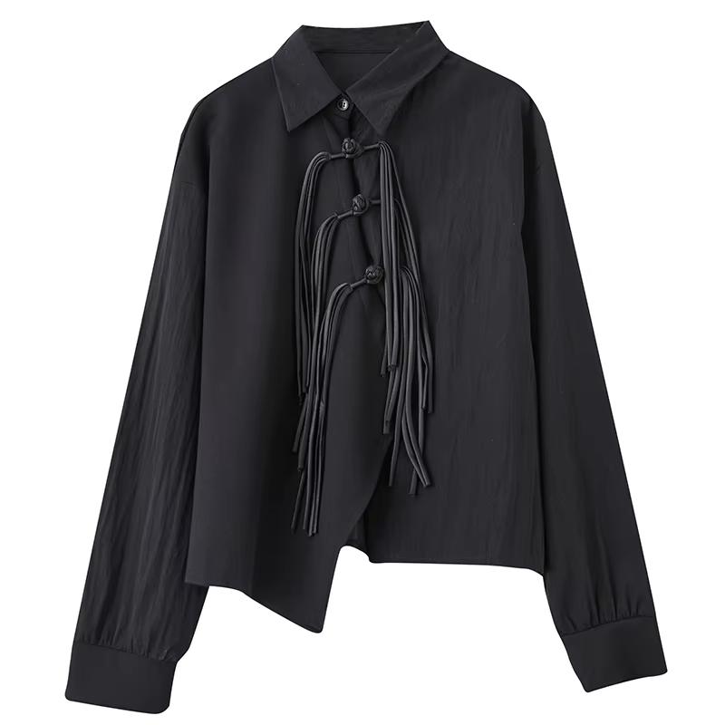 

XITAO Однобортная блузка с неровной бахромой и рукавами полной длины GMM1179 One Size чёрный
