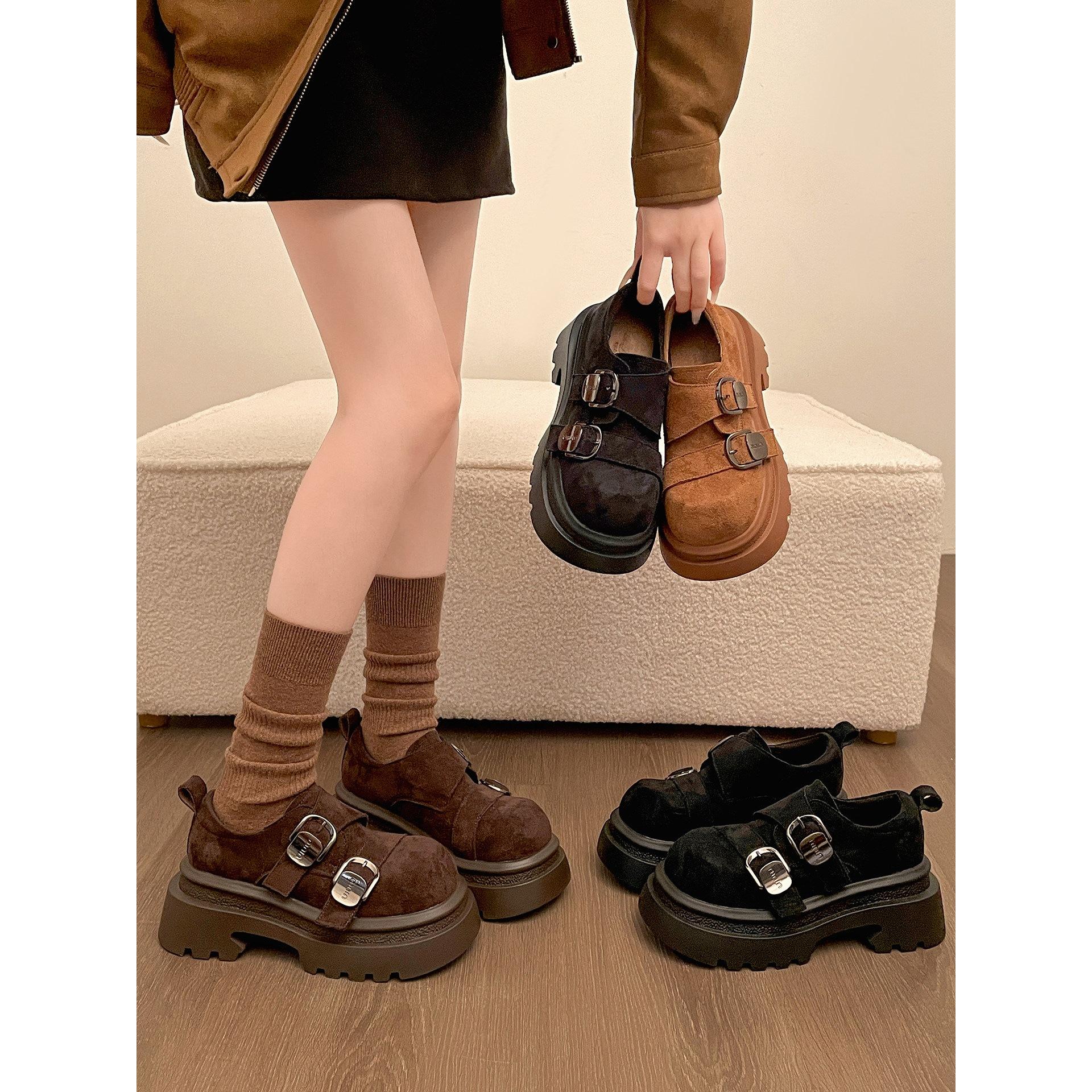 Ван Фань коричневые Birkenstocks на платформе с увеличенной высотой весенне-осенние туфли на небольшом толстом каблуке 35