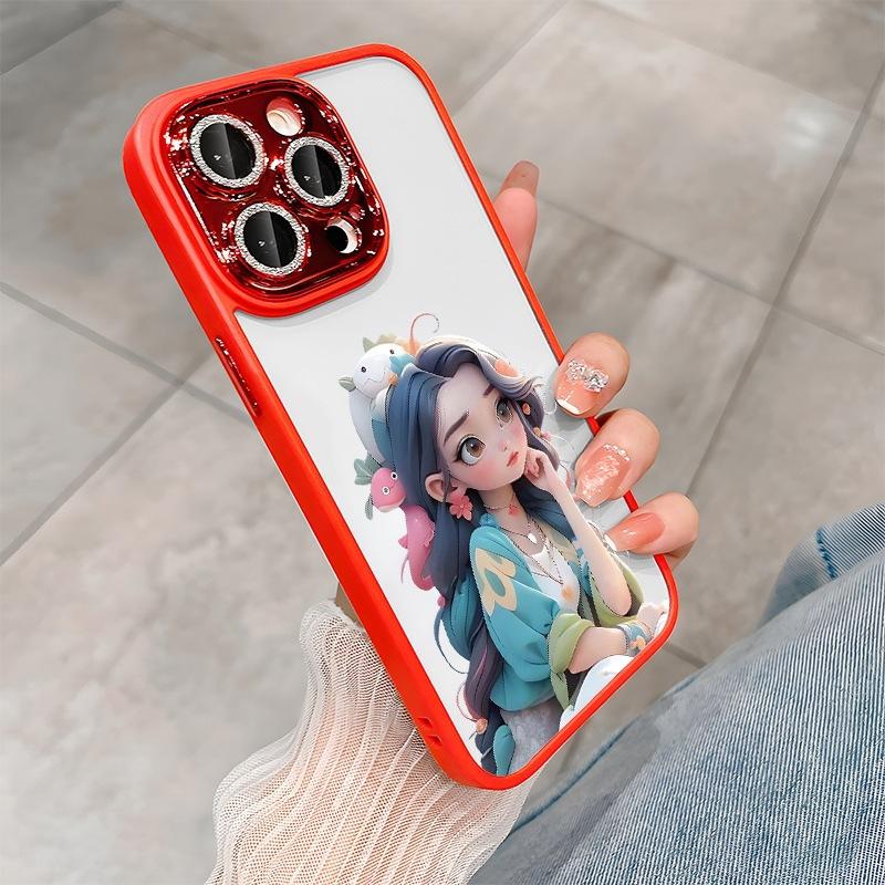 Blue-haired Girl Is Suitable for Apple 15 Mobile Phone Case 15Promax All-inclusive 14 with Flash Diamond Lens Film 13 Fairy Model.