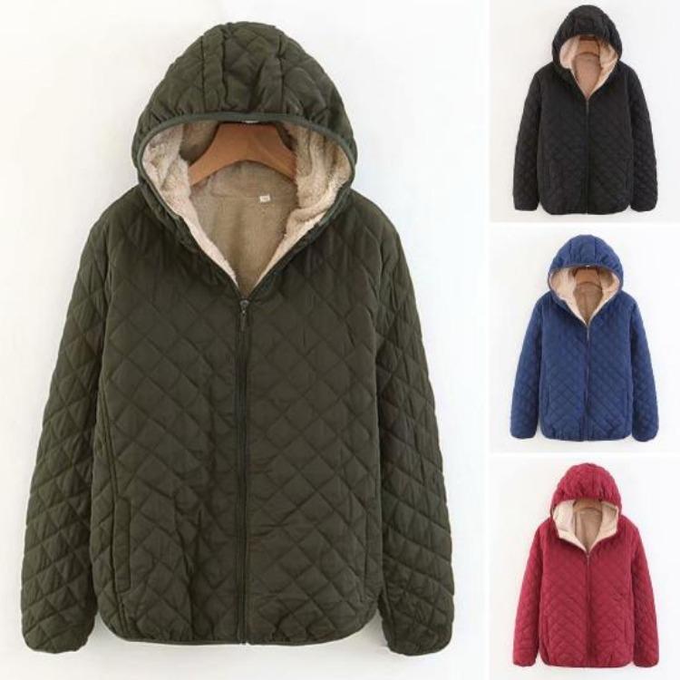 Warm Solid Color Quilted Coat Outwear for Autumn Winter Ladies Female Women Casual Cotton Jacket Loose Fit Hooded Long Sleeves Zipper Pocket
