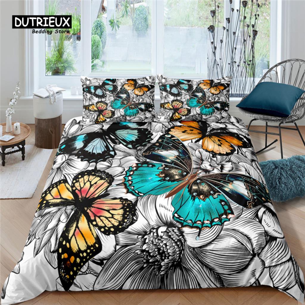 Home Living Luxury Butterfly Print 2/3Pcs Soft Duvet Cover PillowCase Queen Size and King Size Kids Bedding Set EU/US/AU Size