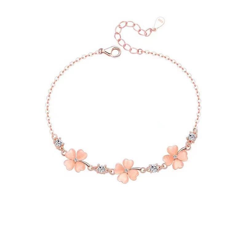 Cat's Eye Stone Four-leaf Clover Pink Crystal Necklace Set for Girls To Give Girlfriend Valentine's Day Birthday Gift