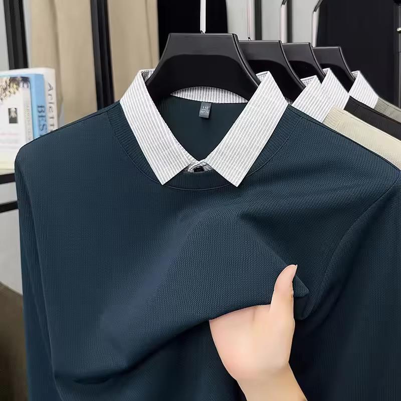Men's Fake Two Piece Polo Shirt Casual Long Sleeve Collar T-shirt Versatile Top