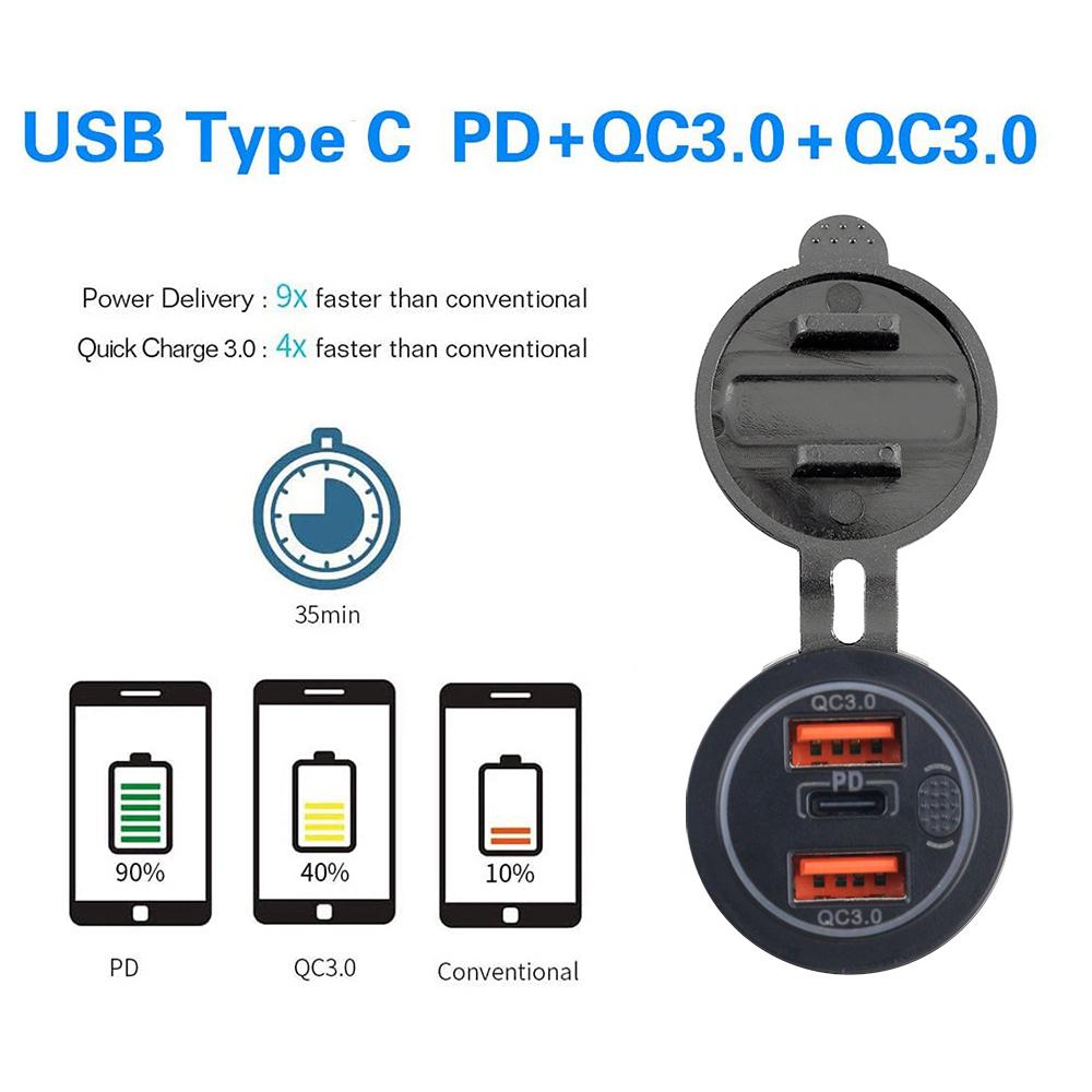 68W Dvojitá zásuvka USB QC 3.0 a Type-C PD Trojitá zásuvka 12-24V Nabíječka do auta s dotykovým spínačem Vodotěsná pro auto Loď Mořské RV