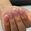 Classic French Manicure Short Almond Press-On Nails with Silver Glitter Wave Stripe