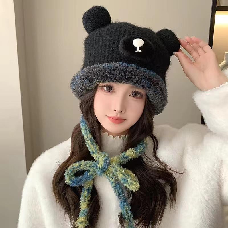 Cute bear bag hat one hat dual-purpose winter face small thermal tether plush knitted wool hat