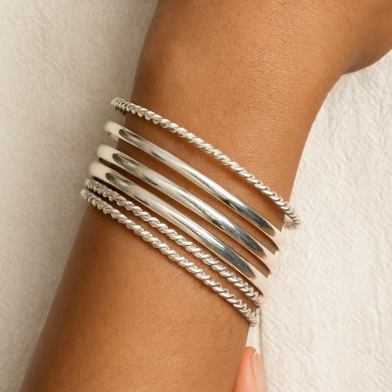 Simple Twisted Bangle Set of 6: 925 Solid Sterling Silver, Handmade Boho Minimalist Bracelet