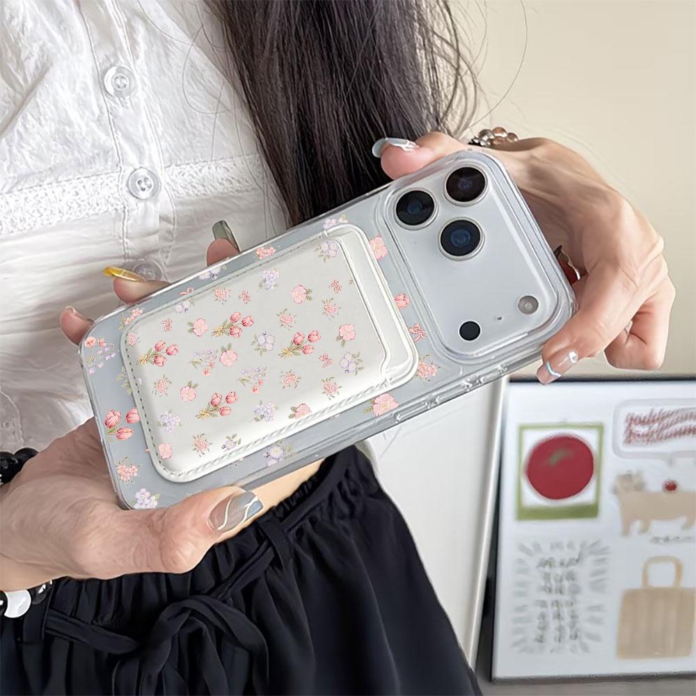 Full screen Pink Floral fragments For Magsafe wallet Magnetic Card holder Phone Case For iPhone 16 13 15 14 17 Pro Max 16E Cover