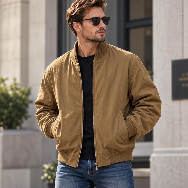 Veste Bomber Homme Style Rétro Col et Poignets Côtes Fermeture Éclair Intégrale Vêtement d'Extérieur Coupe-Vent Coupe Ample Poches Mains Mode Quotidienne Streetwear