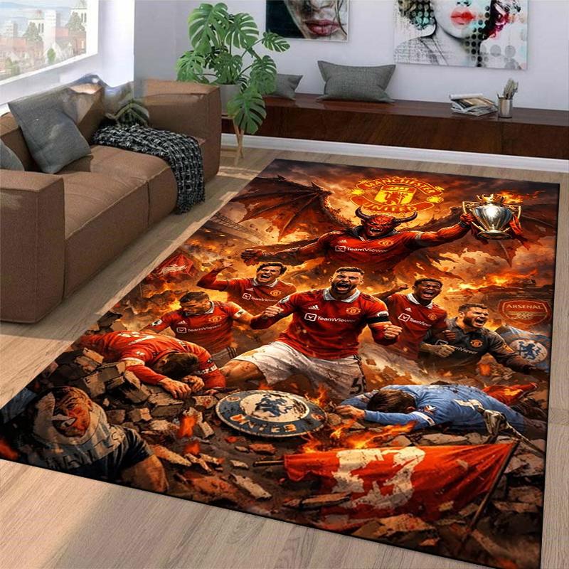 """Teppich im Manchester United Design mit feurig rotem Muster und Pokalaufdruck"" Geeignet für den Einsatz als Anti-Rutsch-Matte für Wohnzimmer, Schlafzimmer, Sofas"""