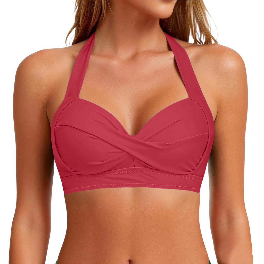 Women Neck Bikini Top Front Padded Swimwear Adjustable Back Strap Supportive Bathing Suit Top