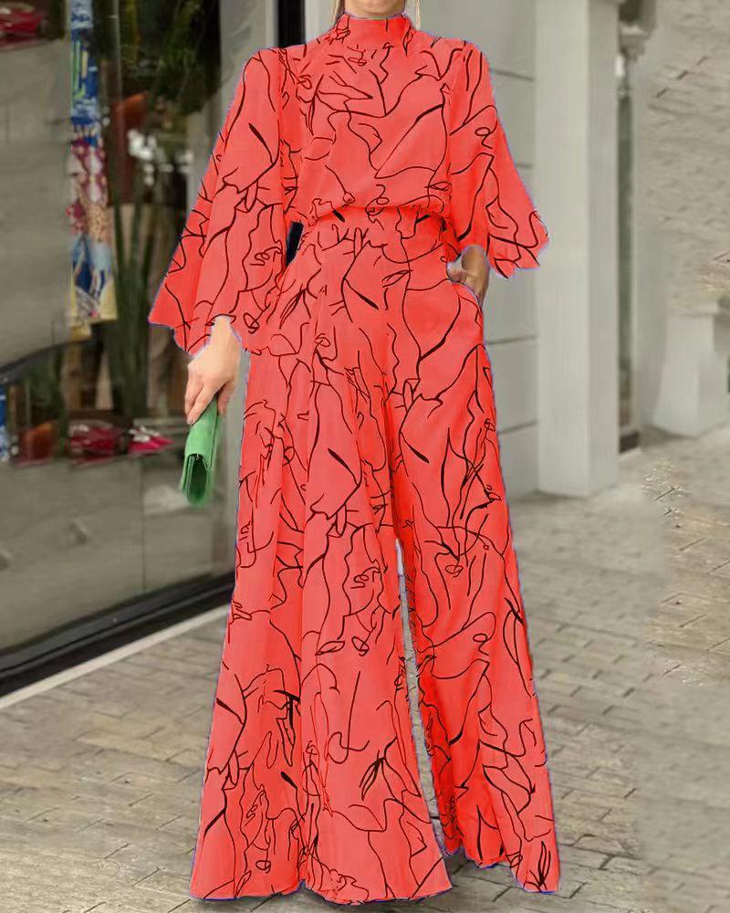 2026 Women's Elegant Waist-Cinching Long Sleeve Halter Jumpsuit with Lace-up and Print