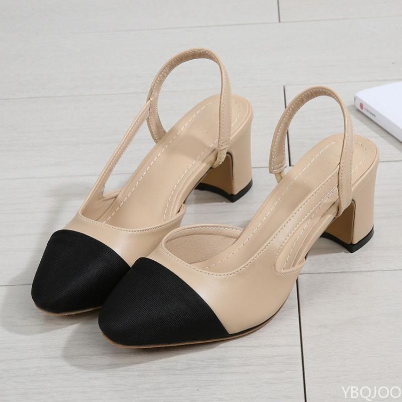 Spring/Summer New Small Fragrant Style Color Blocked Empty Headrest Sandals for Women Thick Heel Sandals Flat Bottom
