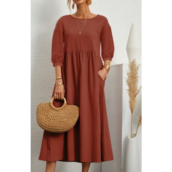 QICED Women's Solid Color Fashion Lantern Sleeve Loose Cotton Linen Pocket Dress
