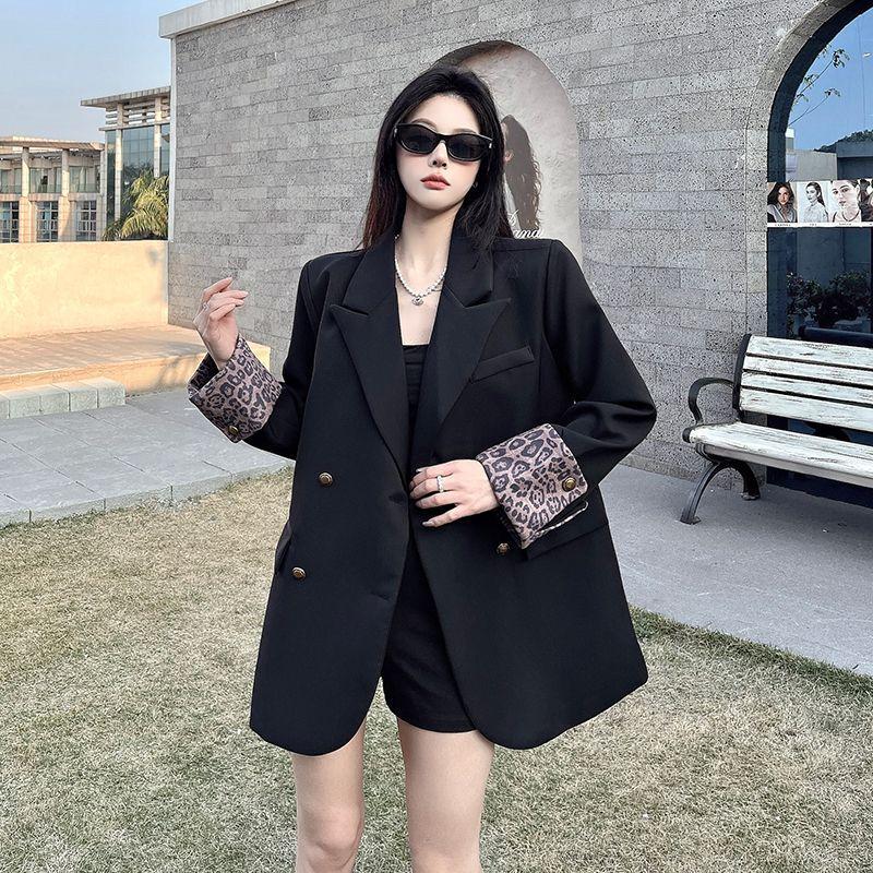 Spring and Autumn Women Long Sleeve Blazer Coat Niche Leopard Patchwork Loose Temperament Padded Shoulder Casual Suit Outerwear