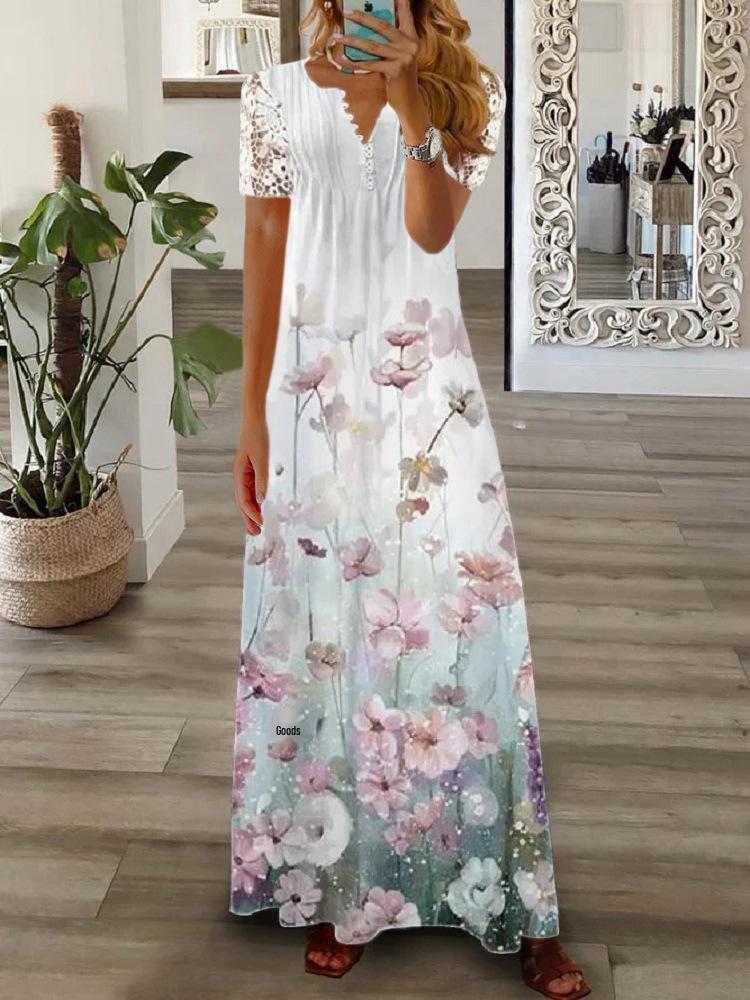2023 Spring/Summer Women's European & American Lace Short Sleeve Maxi Dress