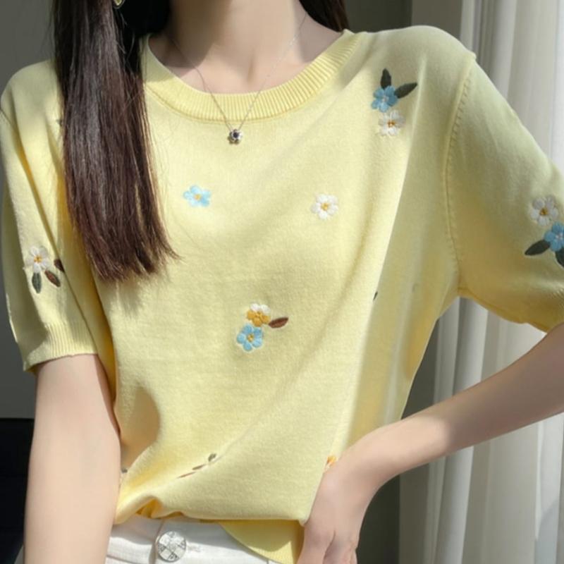 Navava Nk3057 Pastel Flower Embroidery Short Sleeve Knit