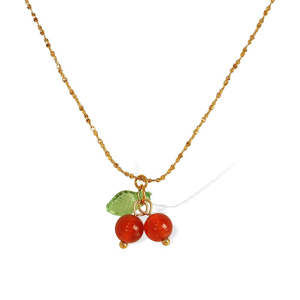 

2026 Senior Sense Girl Sweet Student Cute Gift Chalcedony Cherry Fruit Necklace Collarbone Chain, Female 46CM