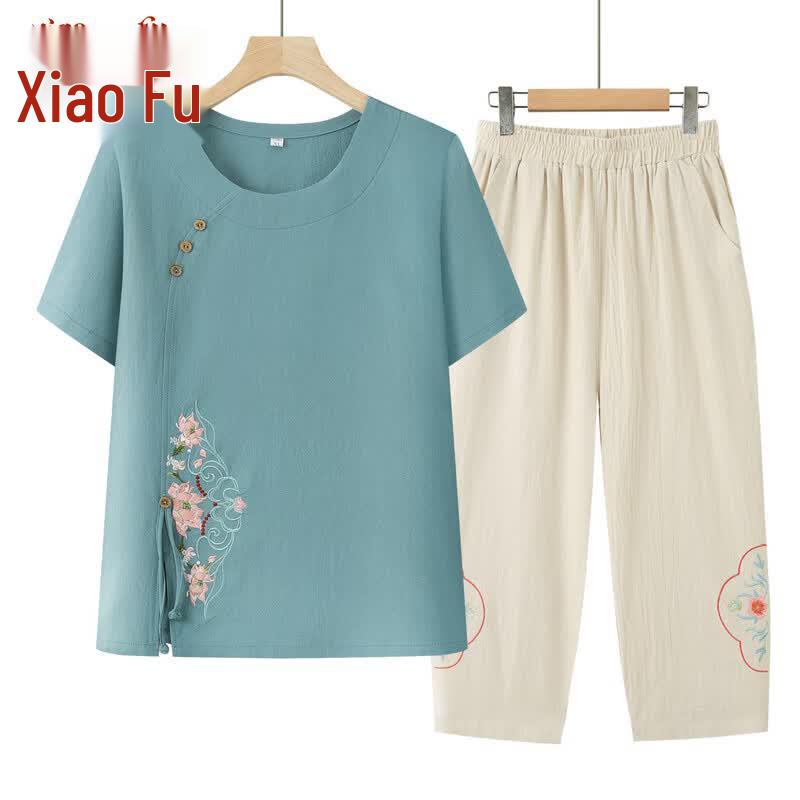 Xiaofu Mid-Aged & Elderly Women s Embroidered Summer Short Sleeve Set 2XL