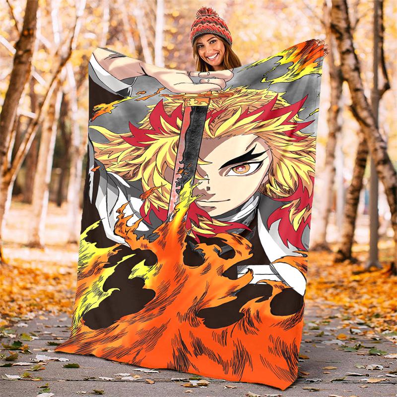 Rengoku Kyoujurou Flannel Blanket Soft Warm All-Season Throw, Design for Camping, Car Travel, Hiking Sofa, Bed, Office Perfect Gift for Parties