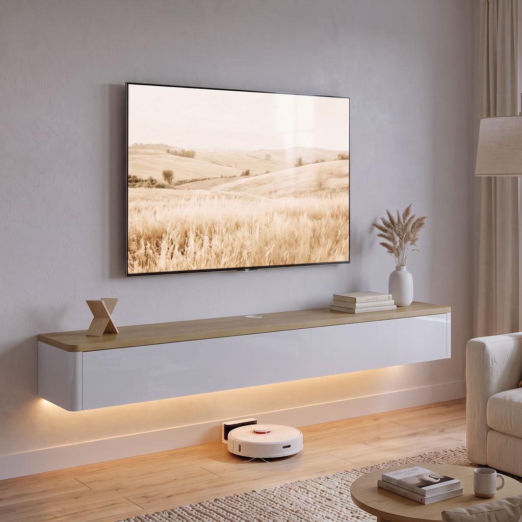 Supporto TV da parete per TV da 65", 2 cassetti, Luci LED RGB, Prese di corrente, Bianco e Legno