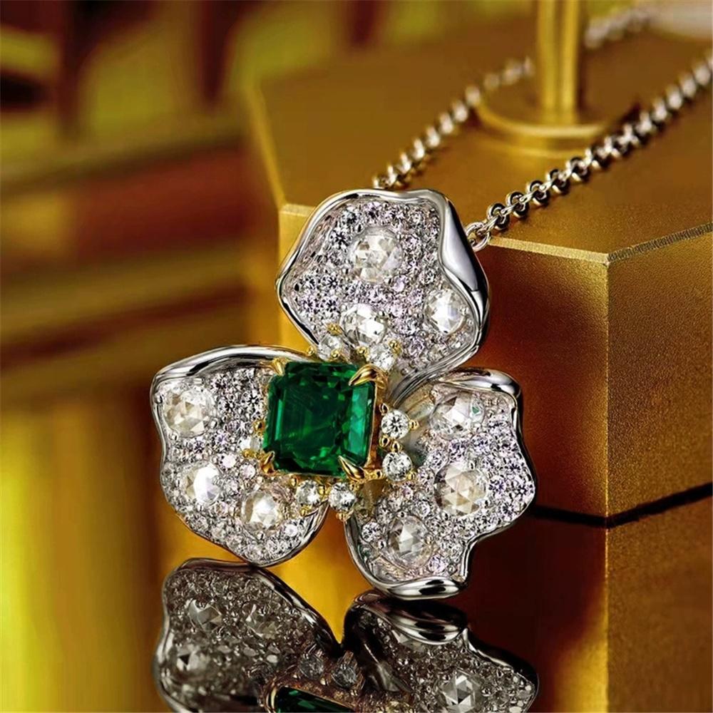 Luxury Female Crystal White Green Stone Pendant Necklace Vintage Silver Color Wedding  For Women