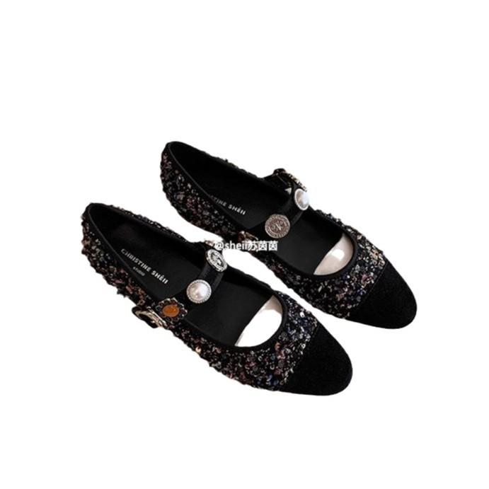 The Same Style As the Grape Mother, French Square Head Tweed, Small Thick Heel Badge, Genuine Leather Mary Jane Single Shoes, Women's Spring and 