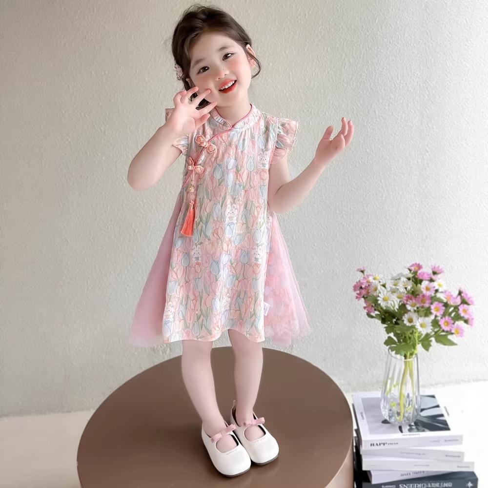 Summer Thin New Chinese Baby Girl Princess Dress Mesh Floral Dress