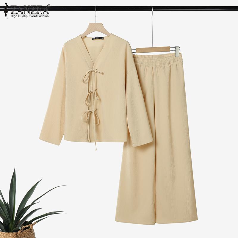 ZANZEA Damen Langarm Schnürbluse und Hose Lässige zweiteilige Anzugsets