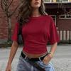 Sommer Plissiert Einfarbig Rundhals Figurbetont Crop-Top Schmal geschnitten Kurzarm Damenkleid