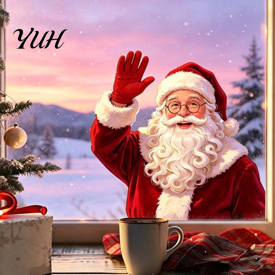 Retail Store Window Decor Christmas Static Clings, Waving Santa Stickers, No?Glue Removable Holiday Balcony Glass Decal for Home Shop Decoration