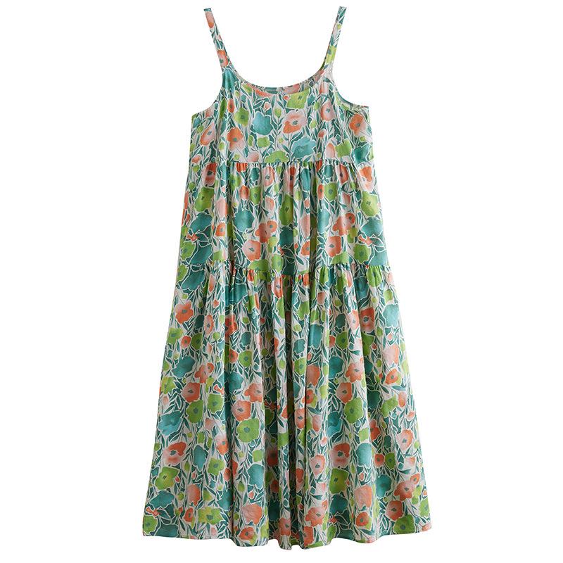 2025 Summer Cotton Linen Patchwork Long Dress: Slimming, Loose Fit, Printed, Large Hem
