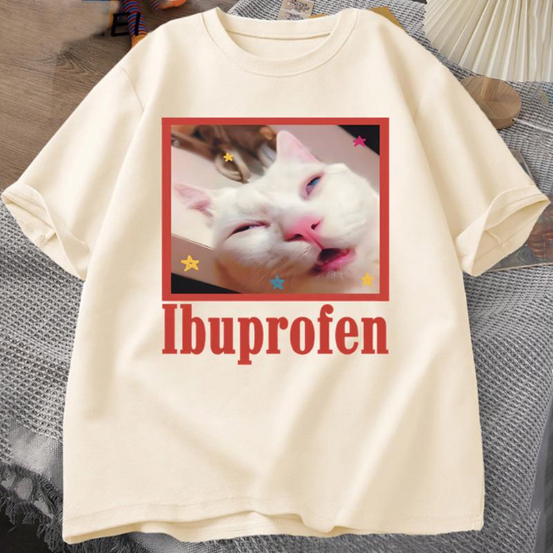 Ibuprofen Cat Meme Tshirt Funny Cat Graphic Tee Cute Cat Lover Cotton T-Shirt Casual Funny T Shirts Unisex Oversized Tshirt Tee
