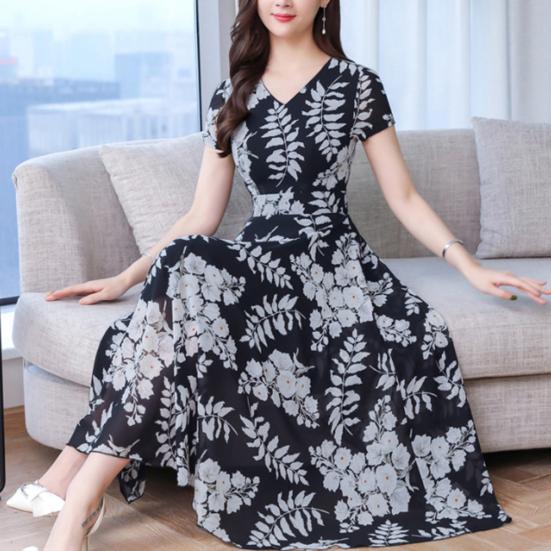 Lady Fashion Floral Print Tight Waist Large Swing V-Neck Short Sleeve Maxi Dress