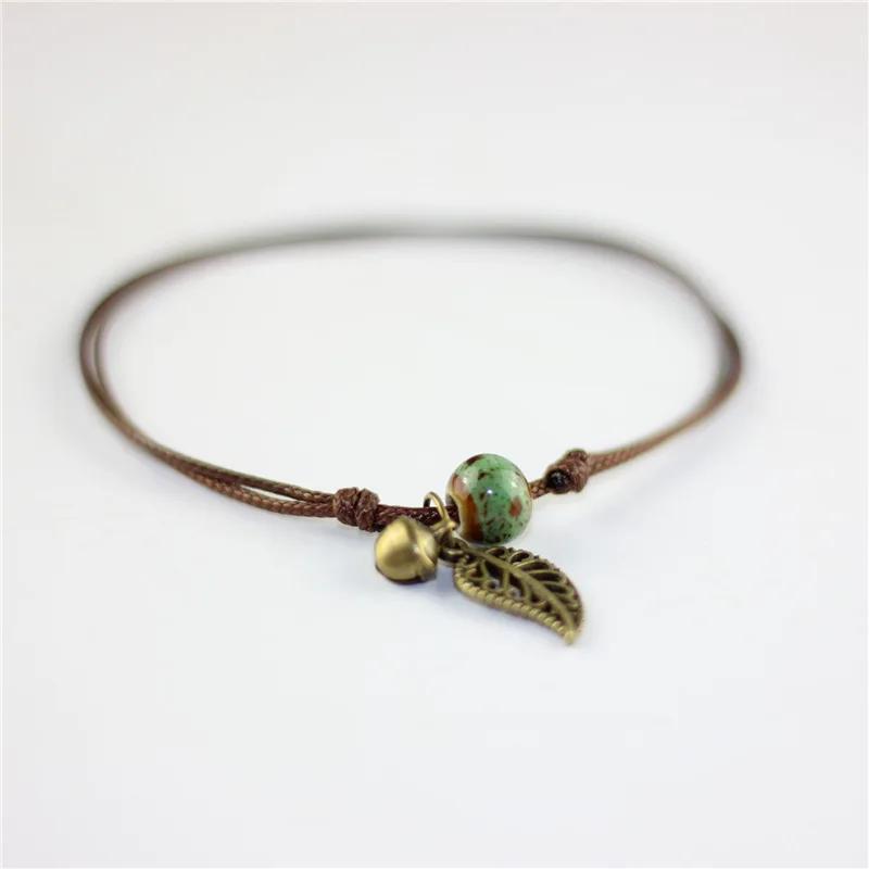 Vintage Leaf Bracelet Small Bell and Colorful Flower Glazed Ceramic Bead Pendant Leather Rope Anklet Women Ethnic Style Pulseras