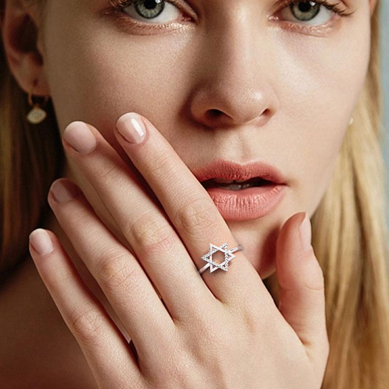 Jüdischer Davidstern Ring für Damen KupferZirkonia Fingerring Schutz Amulett Schmuck Weihnachtsgeschenke