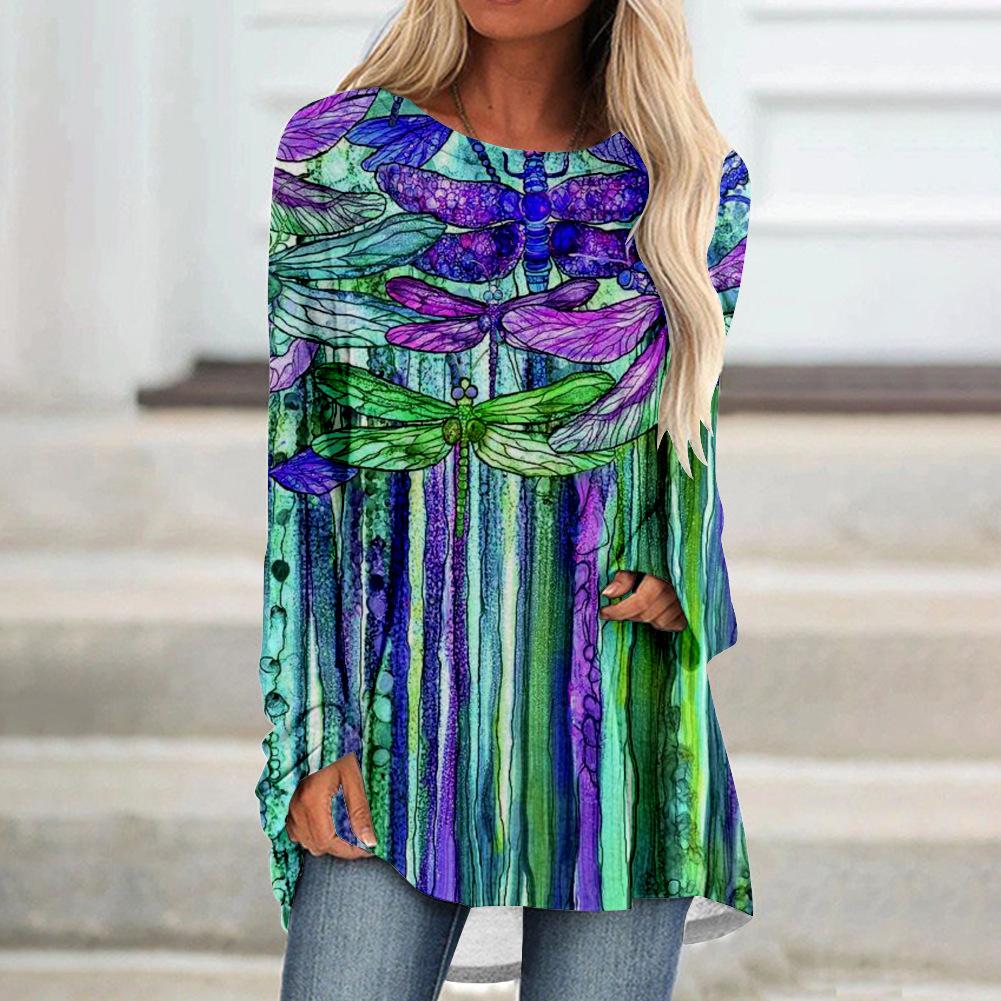 Round Neck 3D Flowers Butterflies Dragonflies Printed Top Fashionable Casual Long Sleeved Women's T-shirts
