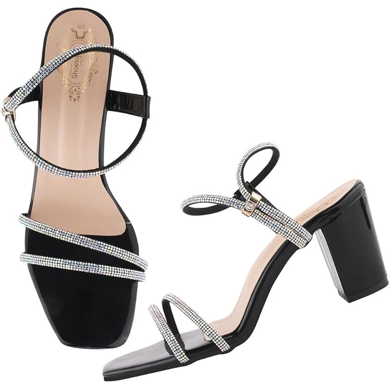 Shoetopia Stylish Strappy Block Black Heels For Women  Open Toe Ankle Strap Sandals, Perfect For Parties, Weddings & Nig