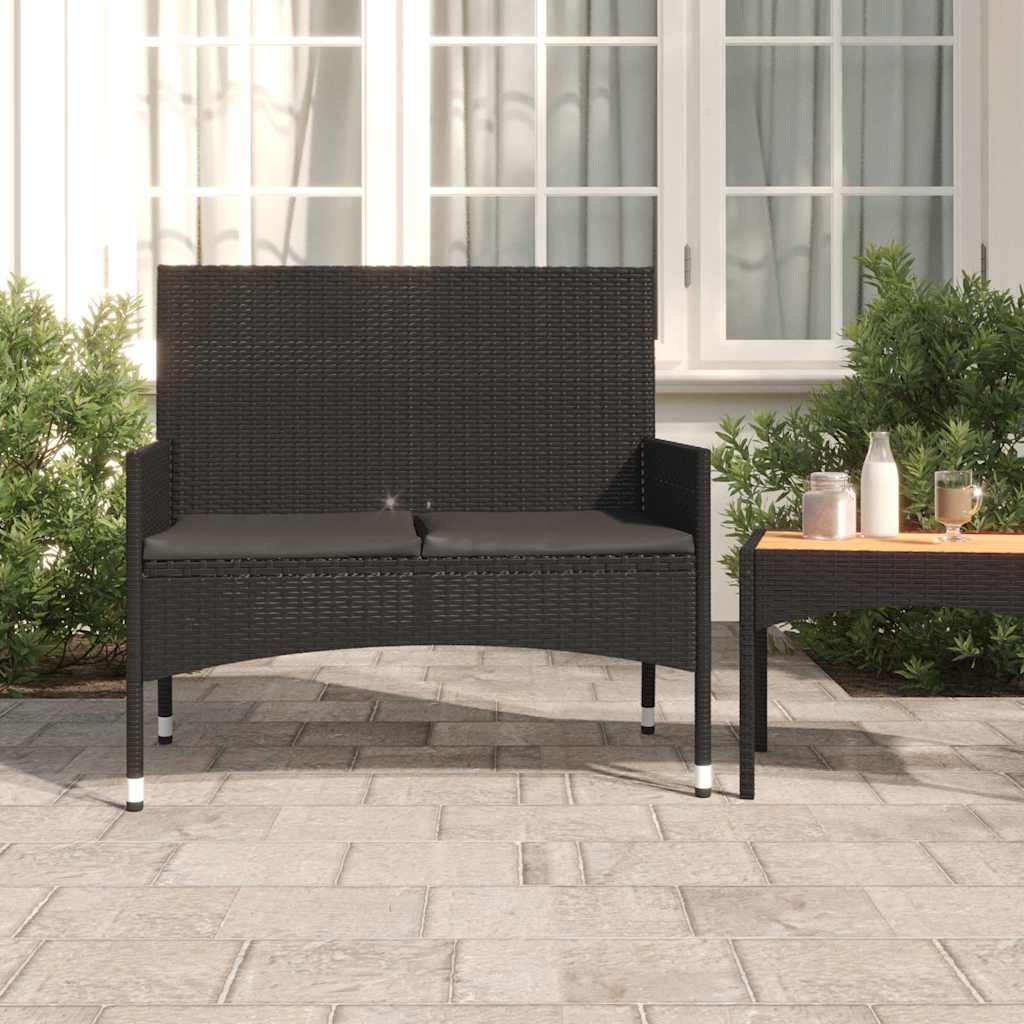 2 Seater Garden Bench with Cushions Black Poly Rattan
