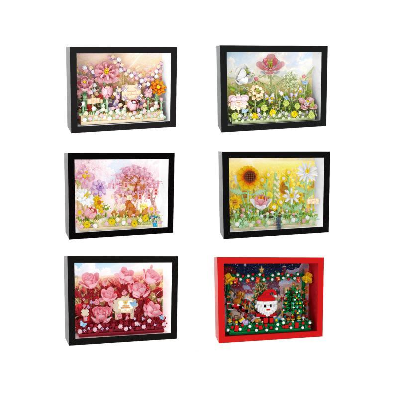 Idea Arts Micro Diamond Block Home Furnishing Nanobrick Flower World 3D Photo Frame Toy Building Brick With Light For Girl Gifts
