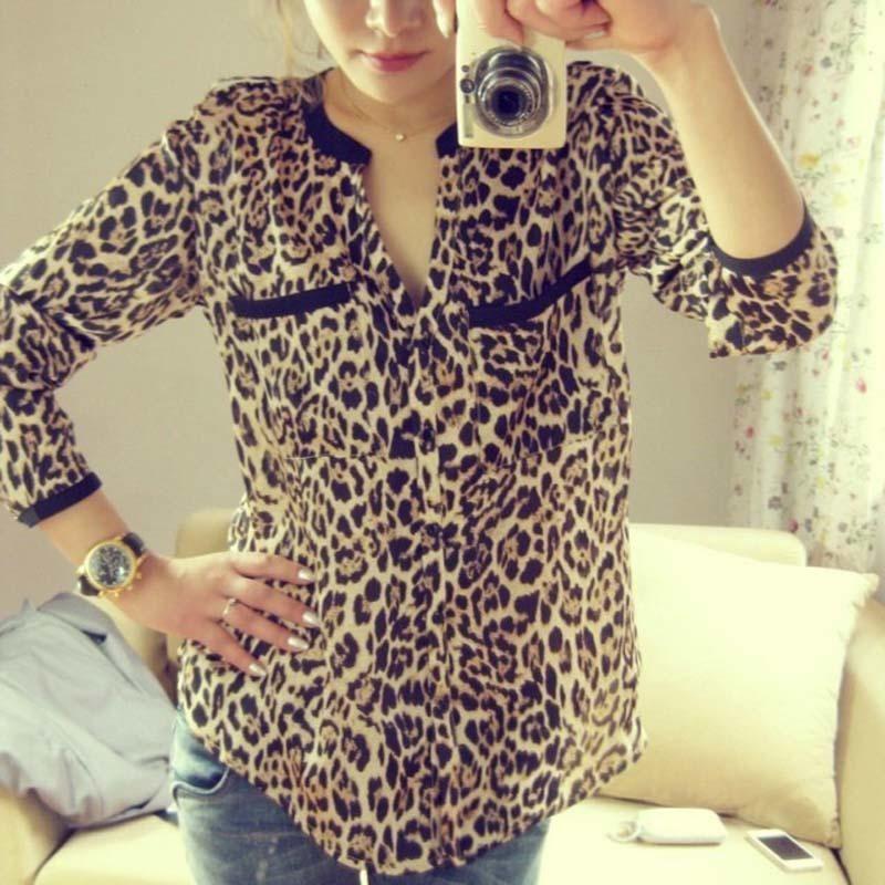 Wonderful New Women Leopard Print Chiffon Long Sleeve Slim Casual Blouse For Elegant Style