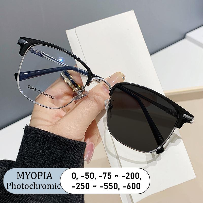 Brand Optical Women Prescription Square Eyebrows Frame Anti Blue Light Myopia Glasses Photochromic Eyeglasses Alloy