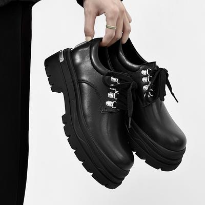 Fashion Casual Thick Soled Men's Leather Shoes Fashion Party Style Outdoor Trendy Streets Daily Derby Black Shoes Thick Soled Popular