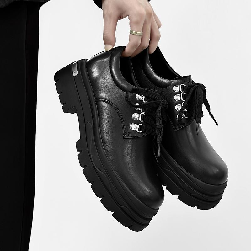 Fashion Casual Thick Soled Men's Leather Shoes Fashion Party Style Outdoor Trendy Streets Daily Derby Black Shoes Thick Soled Popular