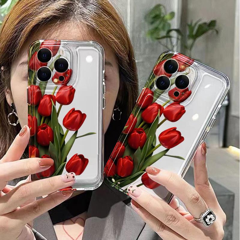 Aesthetic Red Tulip Bouquet Clear Phone Case for iPhone 17 16 Pro Max 15 Pro 14 13 12 11 16E X XR XS 7 8 Plus Protective Cover